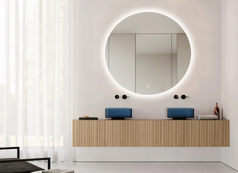 Oglindă LED Baie Rotundă 70 cm – 3 Tipuri de Lumină, Touch, Dezaburire, Design Modern Premium 9000S