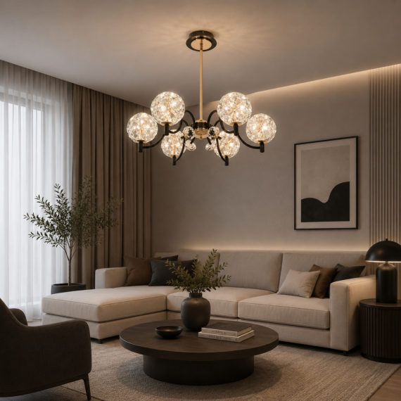 CANDELABRU MODERN CU 6 GLOBURI DIN STICL, LED 96W, L60 CM, DESIGN ELEGANT NEGRU-AURIU