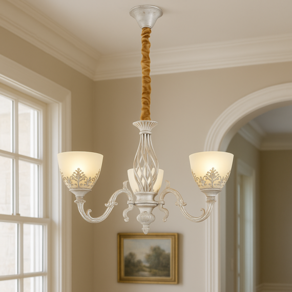 CANDELABRU VINTAGE 3 BECURI E27, FINISAJ ALB ANTICHIZAT DESIGN CLASIC