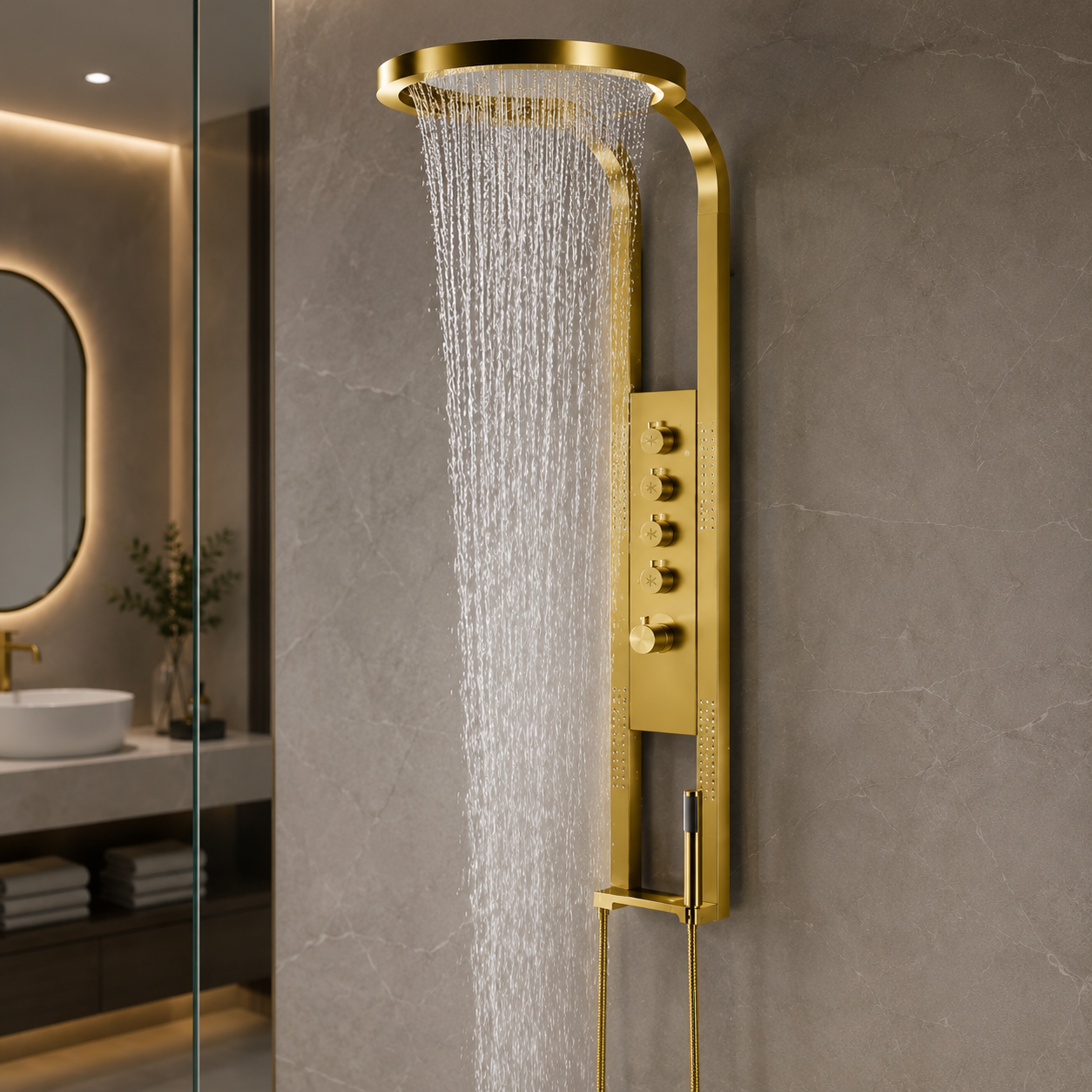 Coloana de Dus Lux cu LED, Efect de Ploaie, 4 Functii Apa, Auriu