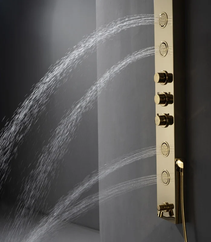 Coloana de Dus Auriu Premium, Inox SUS304, 140×16 cm, 6 Functii Dus Efect Ploaie