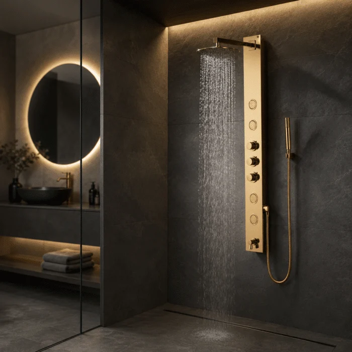 Coloana de Dus Auriu Premium, Inox SUS304, 140×16 cm, 6 Functii Dus Efect Ploaie
