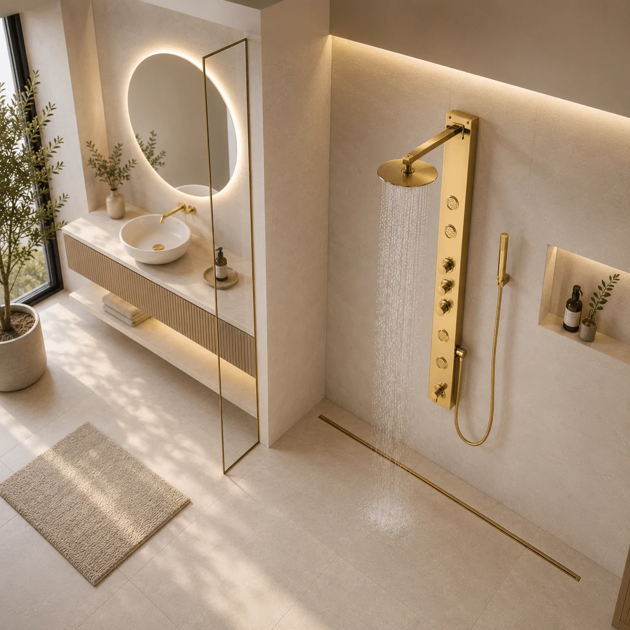Coloana de Dus Auriu Premium, Inox SUS304, 140×16 cm, 6 Functii Dus Efect Ploaie