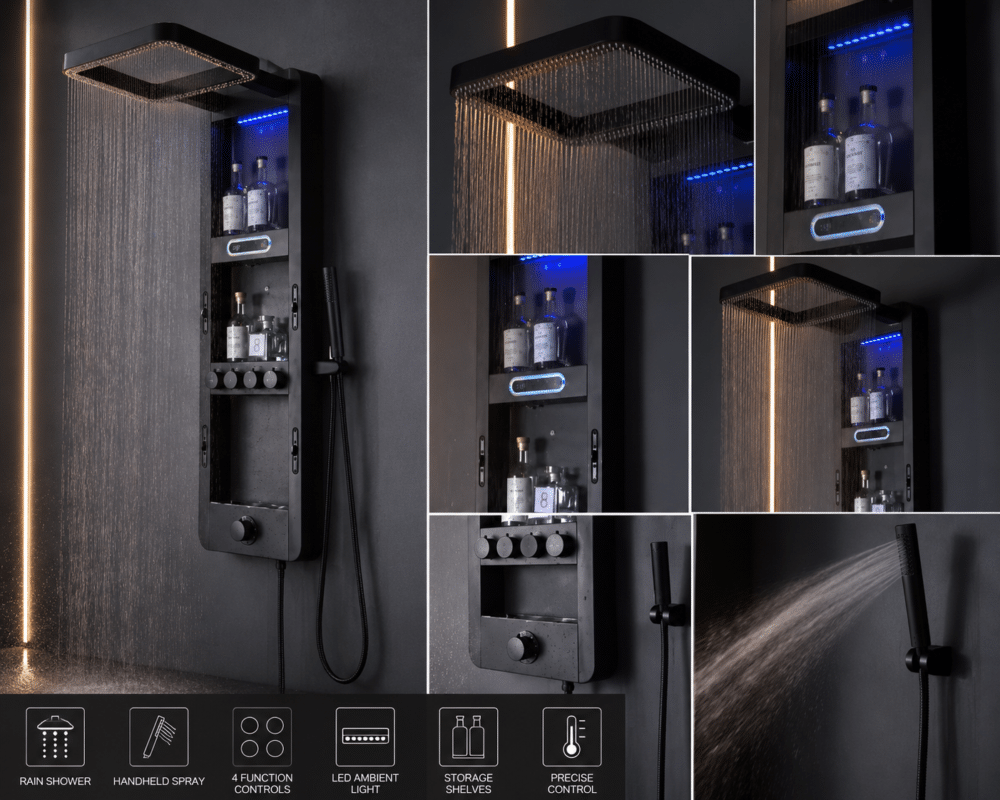 Coloana de Dus Premium Negru Mat cu LED Albastru și Afisaj Digital, Inox SUS304, 119x36x8 cm