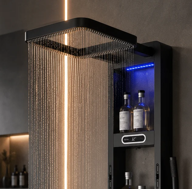 Coloana de Dus Premium Negru Mat cu LED Albastru și Afisaj Digital, Inox SUS304, 119x36x8 cm
