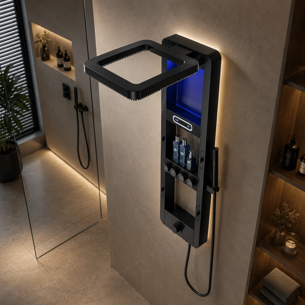 Coloana de Dus Premium Negru Mat cu LED Albastru și Afisaj Digital, Inox SUS304, 119x36x8 cm