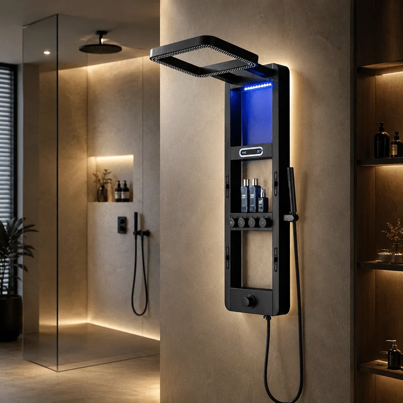 Coloana de Dus Premium Negru Mat cu LED Albastru și Afisaj Digital, Inox SUS304, 119x36x8 cm