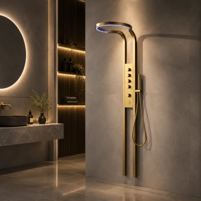 Coloana de Dus cu LED Inclus, Efect de Ploaie, 5 Functii Apa, Auriu