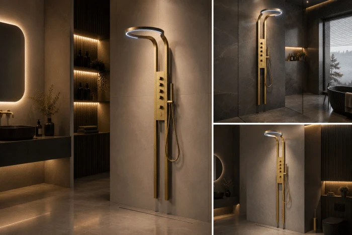 Coloana de Dus cu LED Inclus, Efect de Ploaie, 5 Functii Apa, Auriu