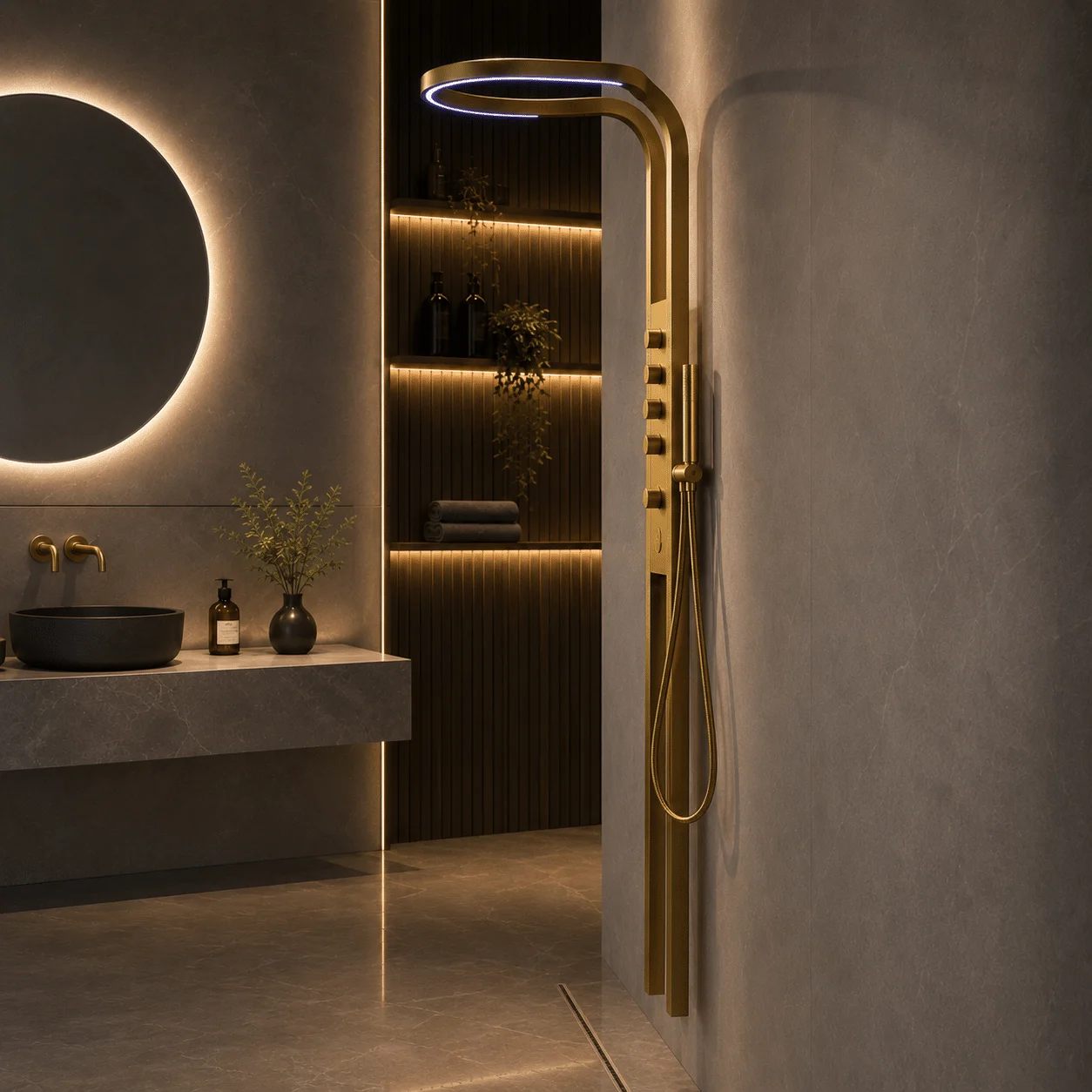 Coloana de Dus cu LED Inclus, Efect de Ploaie, 5 Functii Apa, Auriu