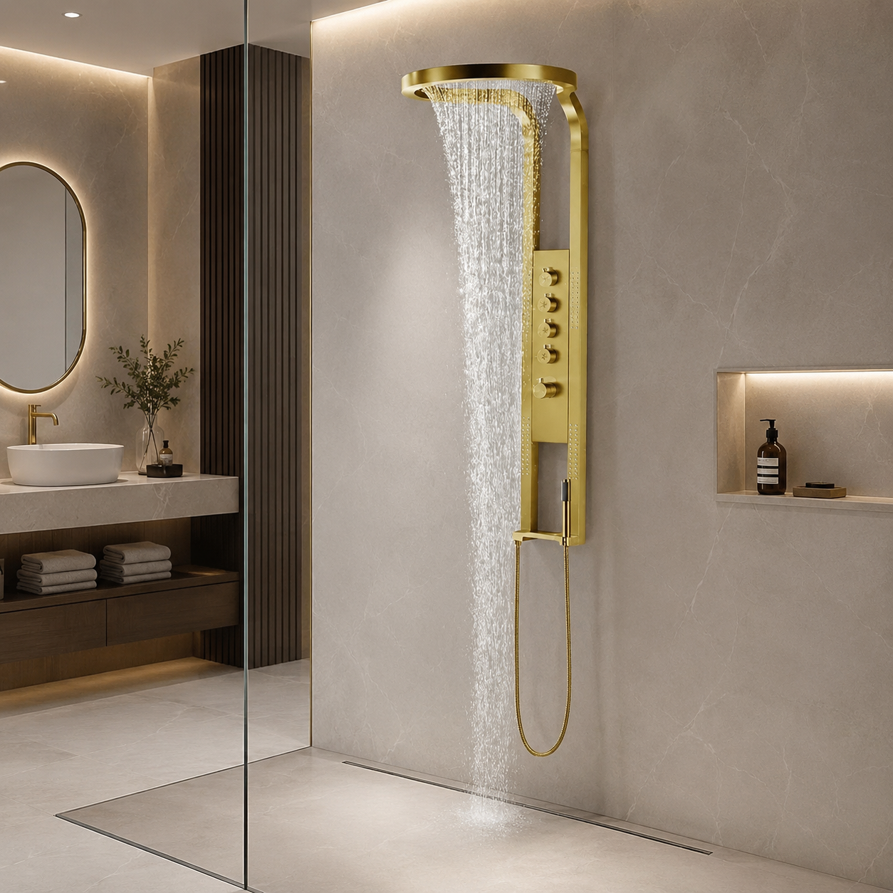 Coloana de Dus Lux cu LED, Efect de Ploaie, 4 Functii Apa, Auriu