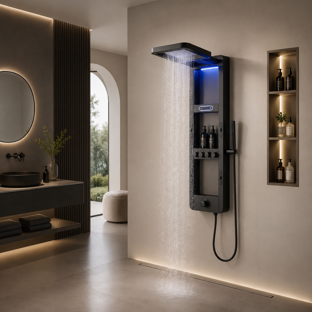 Coloana de Dus Premium Negru Mat cu LED Albastru și Afisaj Digital, Inox SUS304, 119x36x8 cm